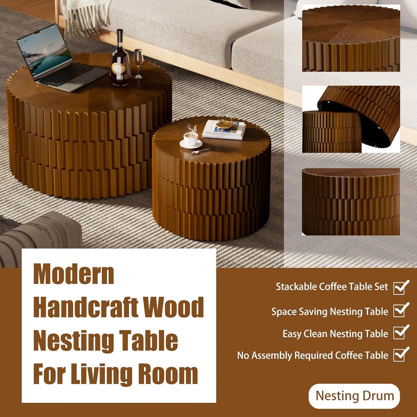 Round Coffee Table Set of 2, Nesting Coffee Table and End Table Set Small Circle Drum Side Table for Living Room Office, No Assembly (A Walnut)