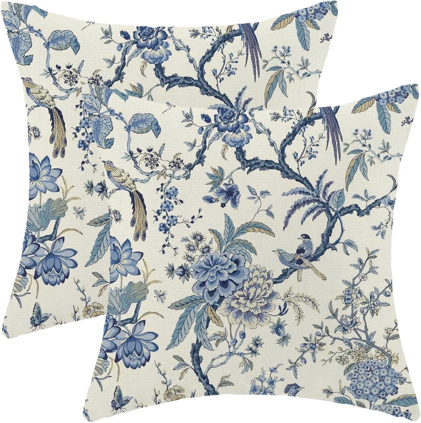 CXMEIFLY Spring Floral Birds Pillow Covers 22 x 22 Inch Set of 2 for Chinoiserie Flowers Decor Throw Pillows Blue and White Plant Outdoor Decorative Cushion Cases for Couch Bed Decorations