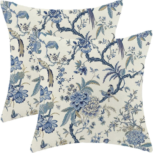 CXMEIFLY Spring Floral Birds Pillow Covers 24 x 24 Inch Set of 2 for Chinoiserie Flowers Decor Throw Pillows Blue and White Plant Outdoor Decorative Cushion Cases for Couch Bed Decorations