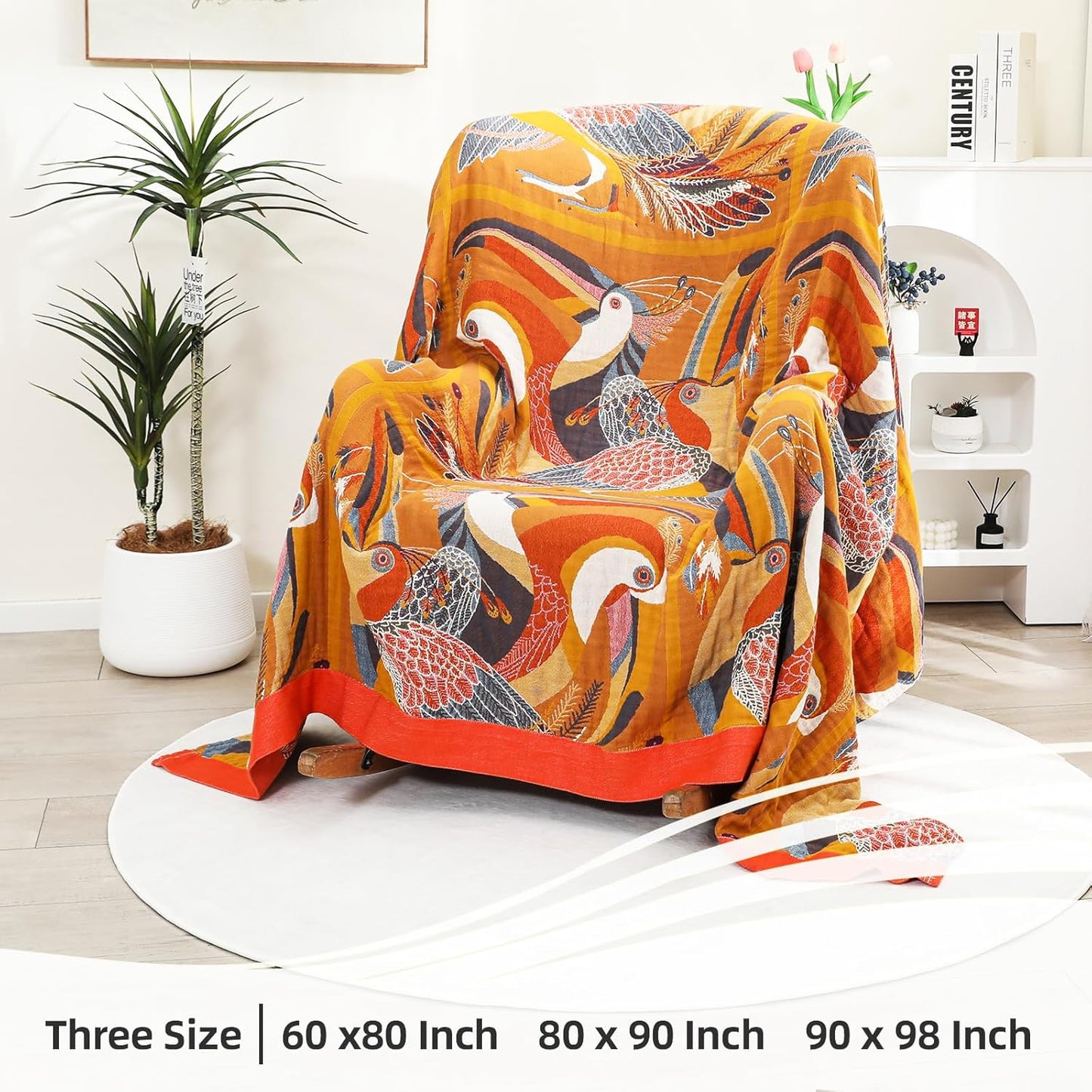 Boho Large Throw Blanket, 100% Organic Muslin Cotton Breathable Soft Bed Throw - Floral Bird Farmhouse Decor Blanket for Sofa Couch Chair Quilt and Gift. 80" x 90"- Colorful