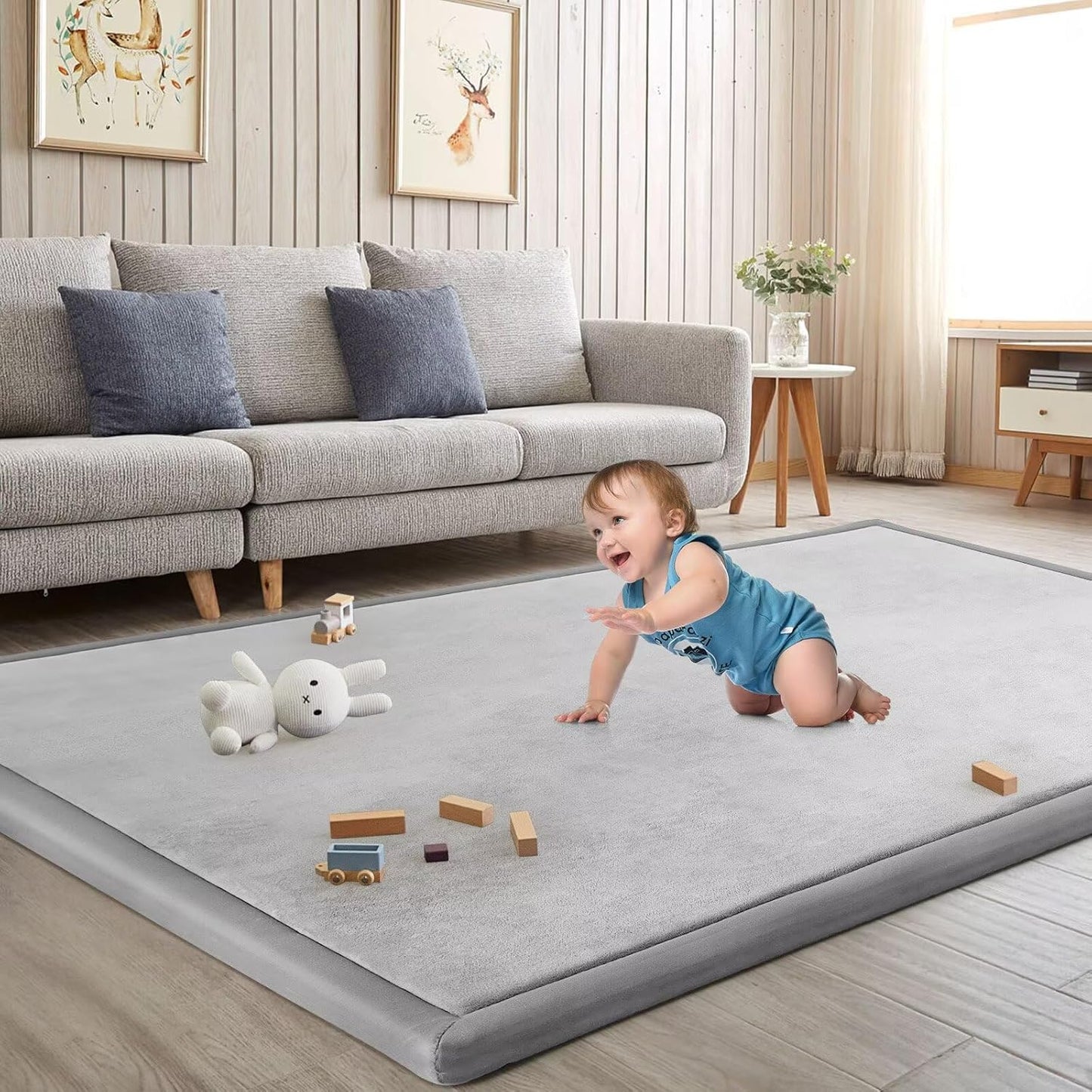 Baby Play Mat for Floor Tummy Time Nursery Rug Muscle Mat Area Playroom Rug 4'11x3'28" Memory Foam 1.3" Thick Crawling for Babies,Toddlers, Infants, Kids(Light Gray)