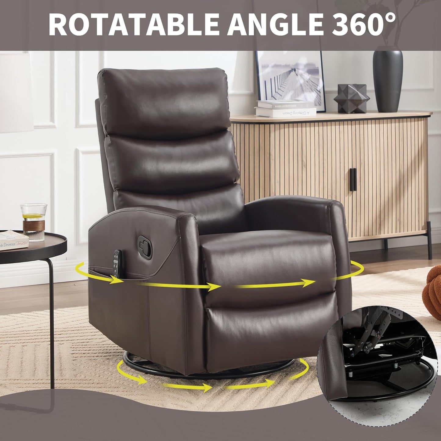 Manual Swivel Rocker Recliner Chair for Adults, Overstuffed Reclining Glider Chair for Nursing with Vibration Massage & Heat, Living Room Rocking Recliner 3-Stage backrest, Faux Leather Brown