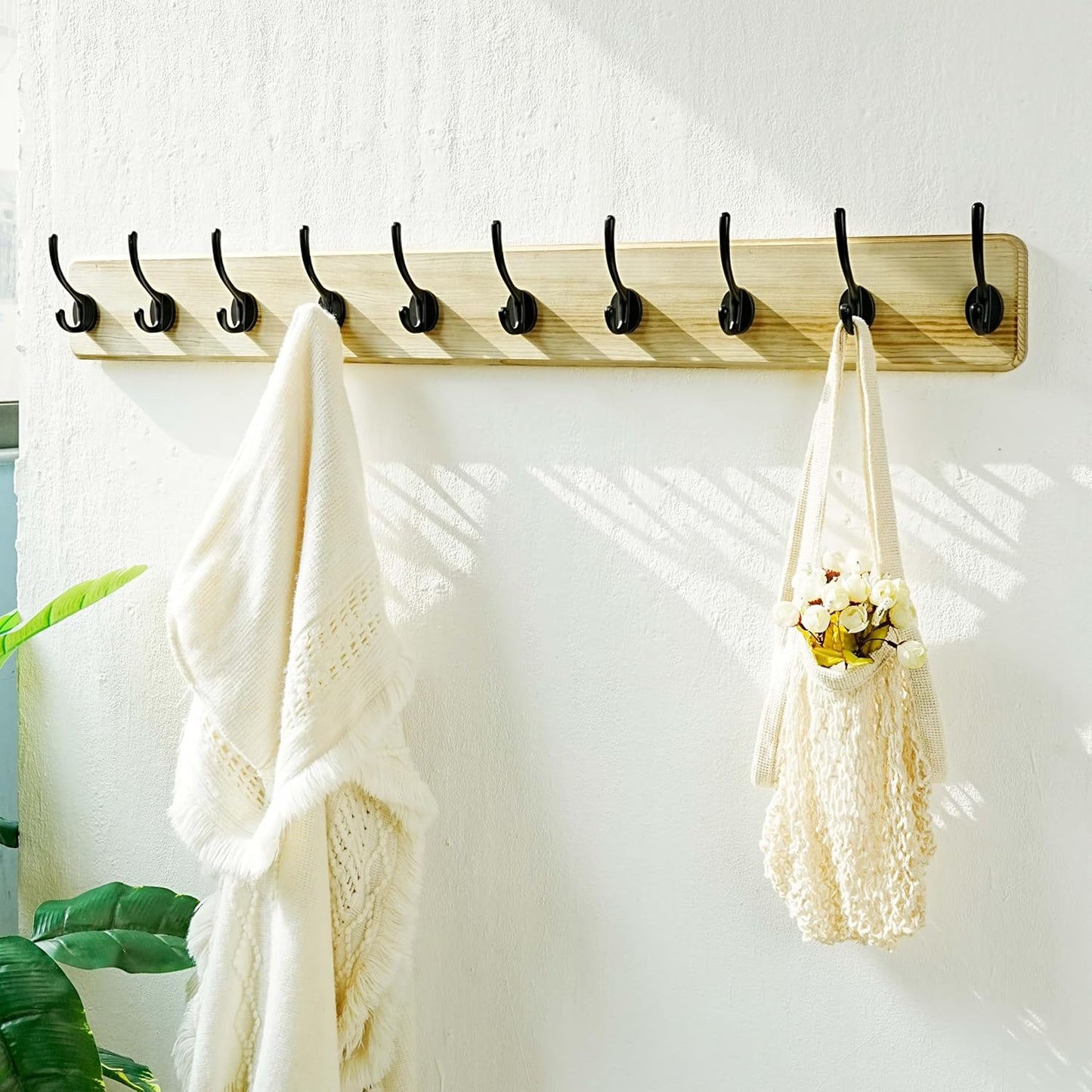 Dseap Coat Rack Wall: 38-1/4" Long, Patented, Heavy-Duty, 10-Double-Hooks Wooden Wall Mounted Coat Rack Coat Hanger Hook Rail for Winter Coats Hat Jacket Clothing, Light Brown