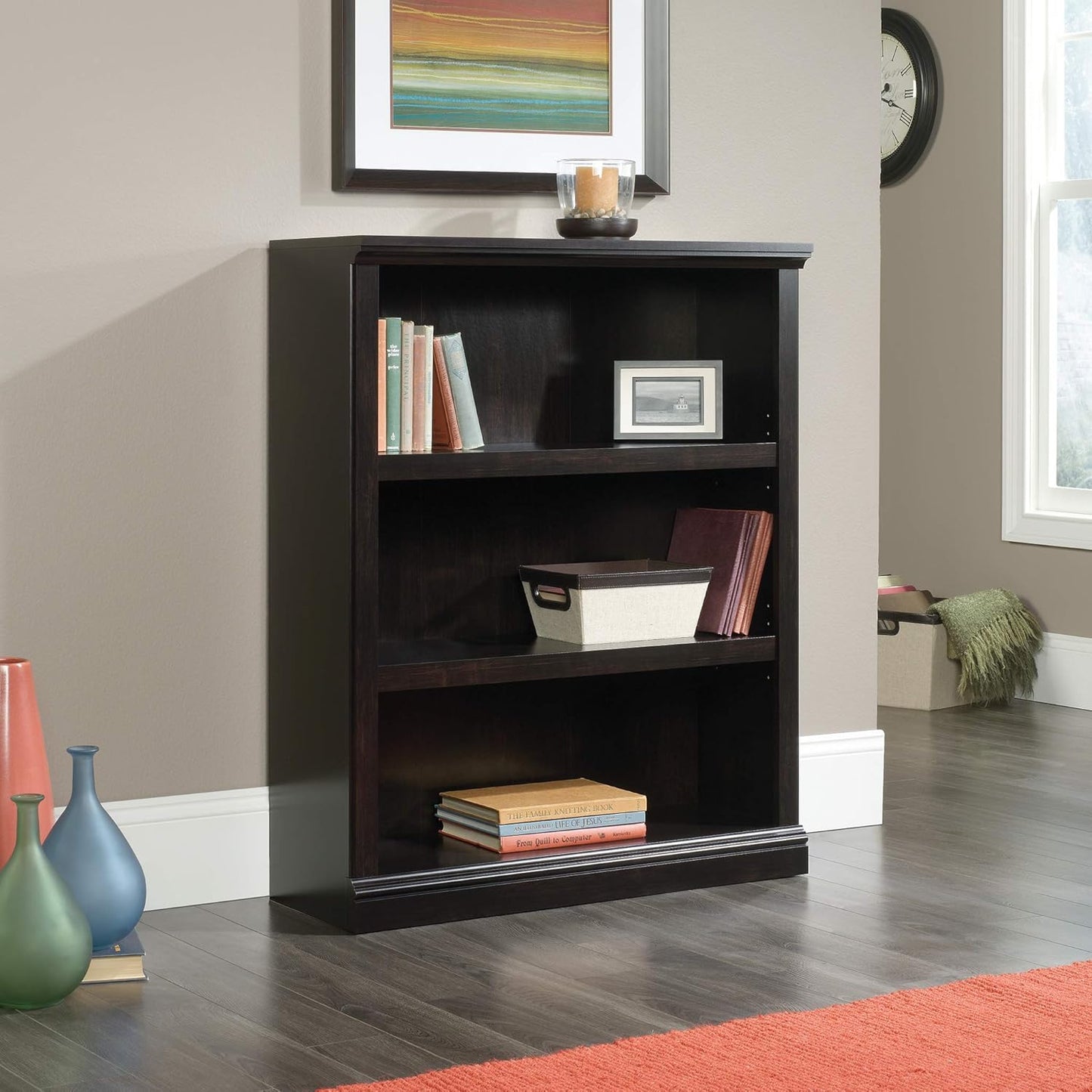 Sauder 3 Tier Book Shelf Wooden Bookcase Multipurpose Bookshelf for Home Office, Living Room, in Estate Black