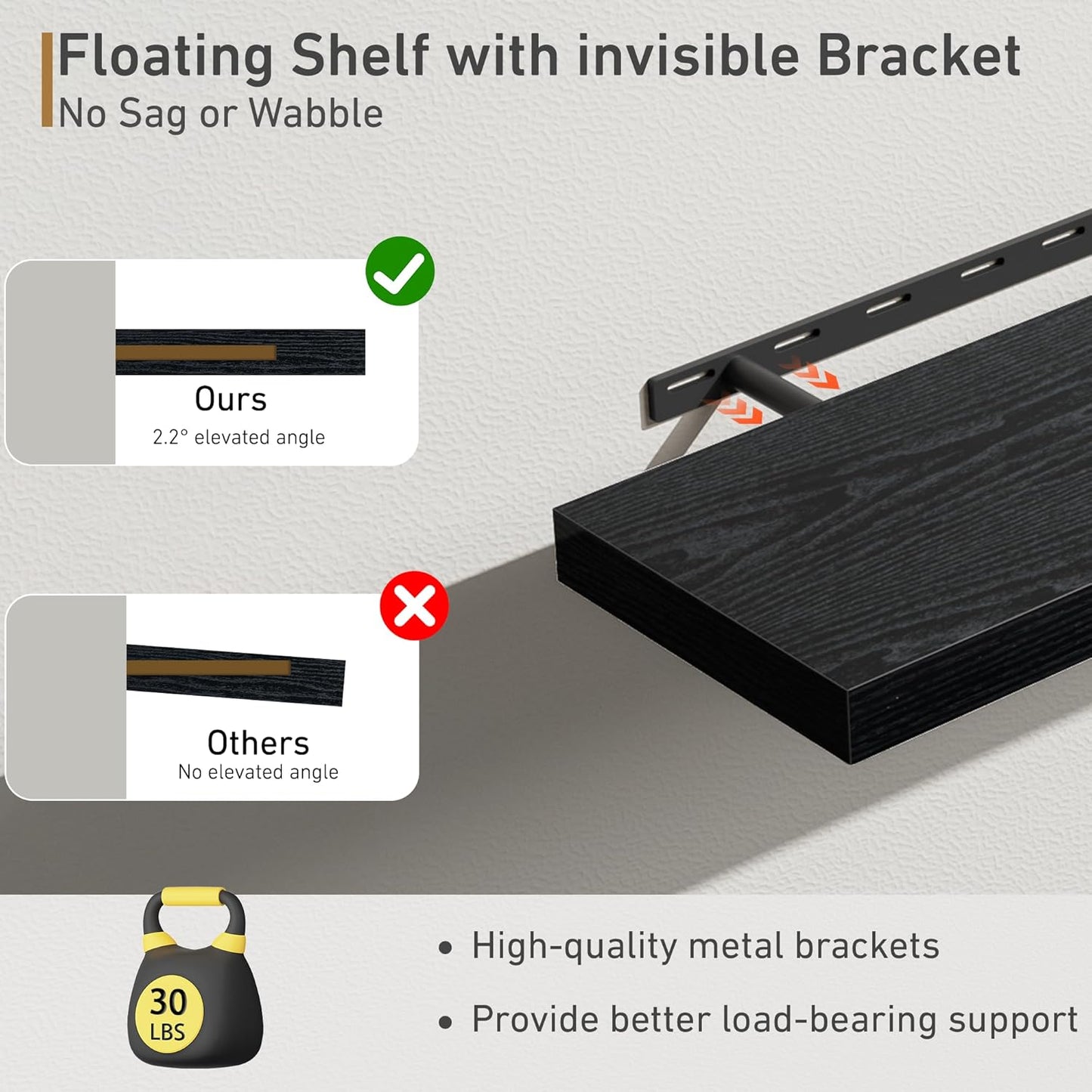 Fun Memories Deep Floating Shelves - 16" W x 9" D x 1.6" H Rustic Black Wall Shelf - Wall Mounted Shelves for Storage - Wooden Shelves with Invisible Brackets for Living Room, Farmhouse - Set of 2