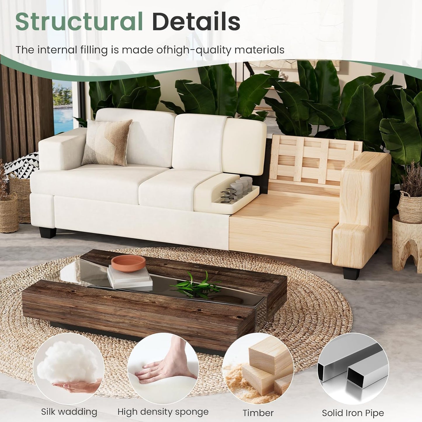 Sofa, 89" 3-Seater Deep Seat Sofa, Modern Comfy Couches for Living Room Apartment Lounge, Beige Chenille