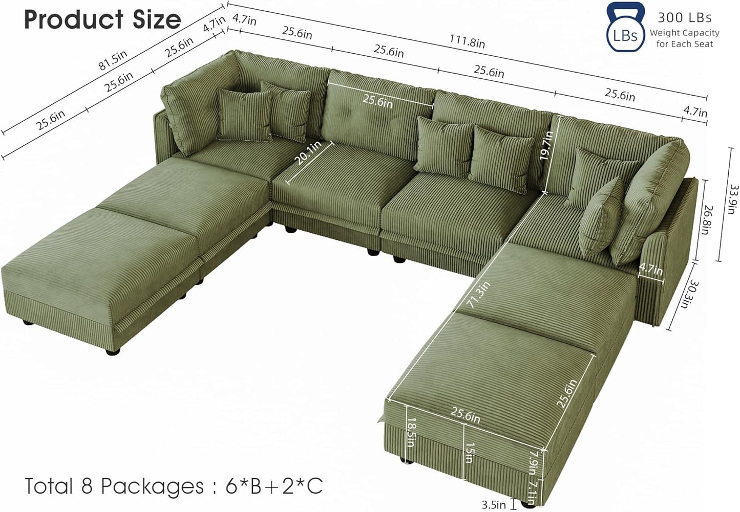 LLappuil Modular Sectional Sofa with Storage Seats, Corduroy Convertible Modular U Shaped Sectional Couch for Living Room, 8 Seat Oversized Sofa with 6 Back Cushion 6 Throw Pillow, Green
