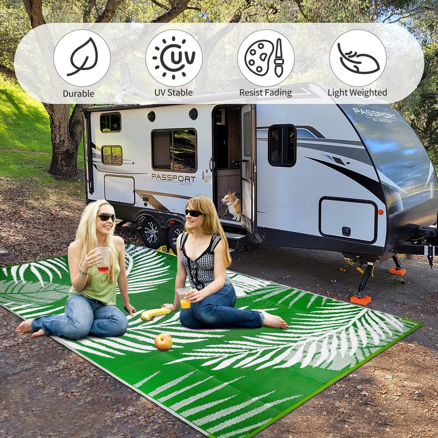 Waterproof Outdoor Rug 8x10ft, Green Leaf Reversible Plastic Straw Mat for Patio RV Deck Porch Backyard Balcony Camping Picnic Beach Indoor Outdoor Carpet, Green&White