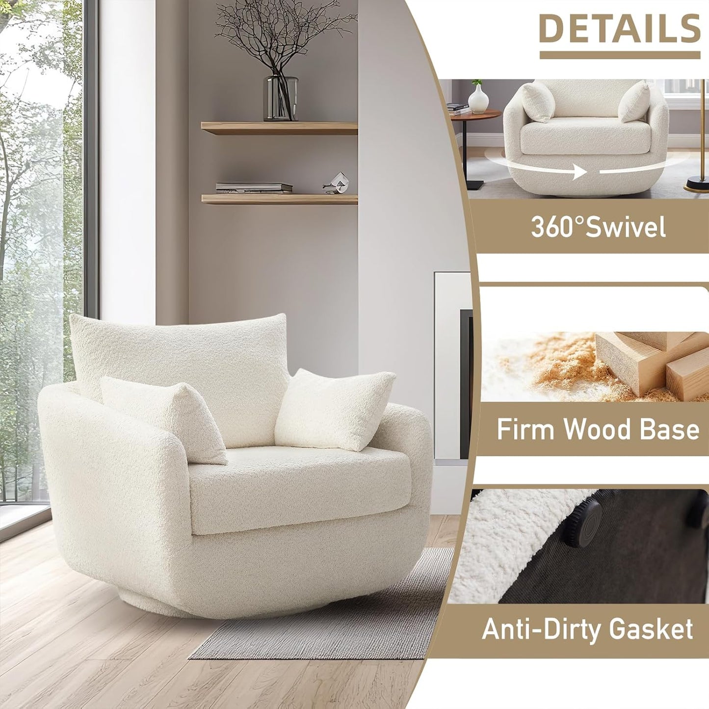 360° Swivel Accent Armchair, 39.3" Oversized, Sherpa Boucle Fabric Sofa Chair with Removable Back & Arm Pillows, Swivel Chair with Cozy Soft Padded, No Assembly Required (1, Cream White)
