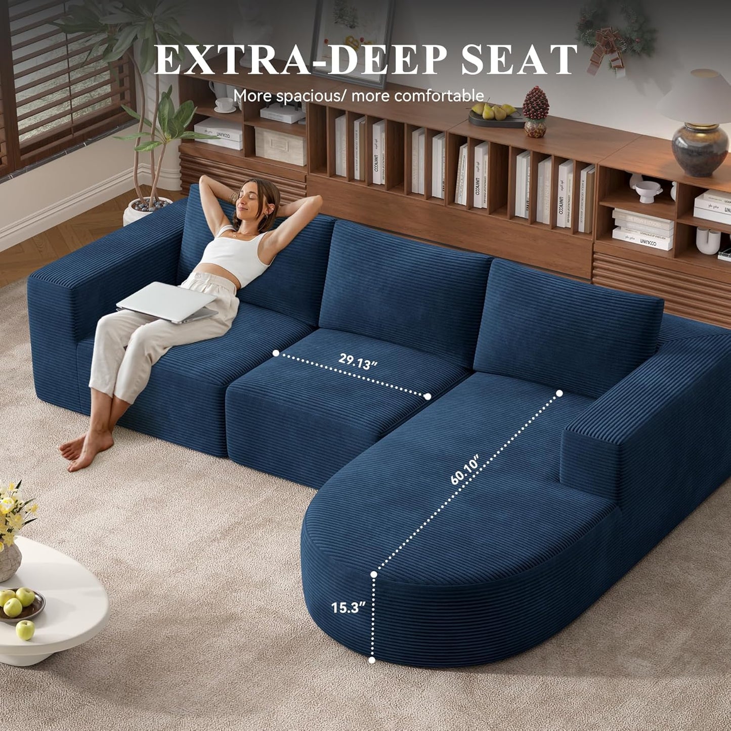 Modular Sectional Sofa with L-Shape Chaise,Cloud Sectional Modern Sleeper Couch with Deep Seat,Sponge Compression Sofas No Assembly Required(Blue-Corduroy Fabric) 1PCS