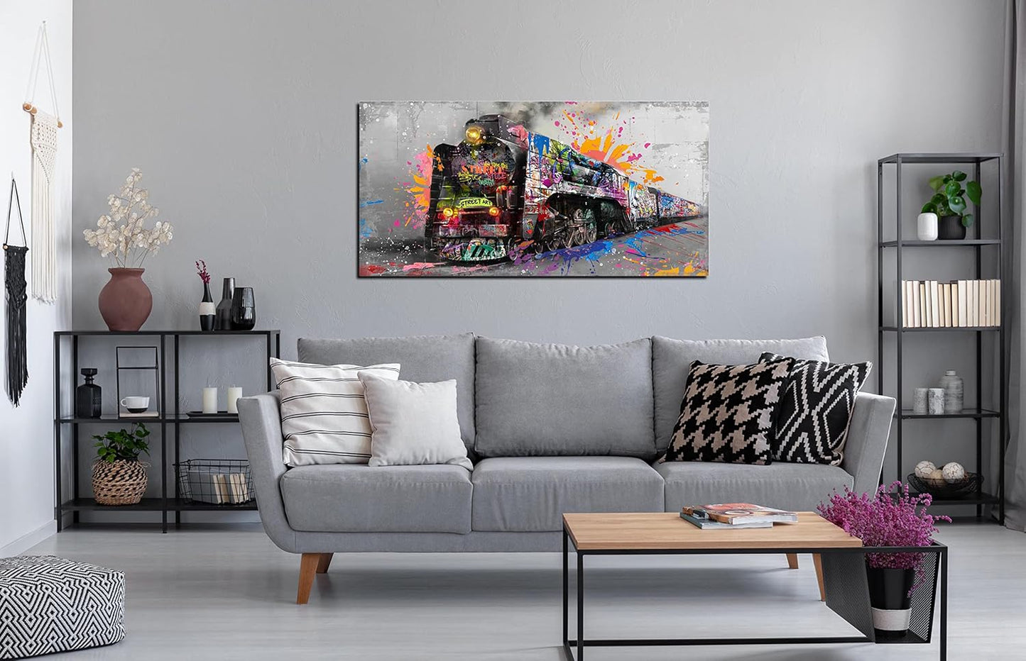 JKWALL77 Graffiti Train Wall-Art - Banksy Canvas Wall Art For Living Room - Modern Art Wall Decor Ready To Hang Size 40" x 20"