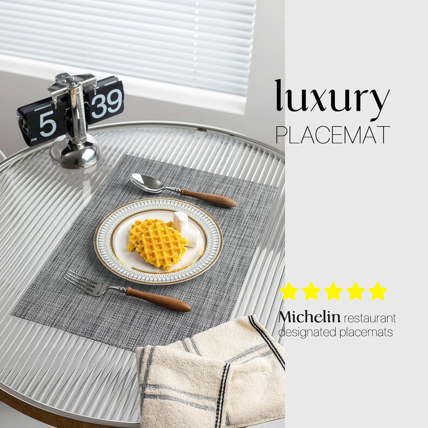 LEXMORE Placemats Set of 8 Vinyl/Plastic Woven Place Mats for Kitchen Table Indoor/Outdoor Washable Placemat Wipeable Dining Table Mats(Dark Gray)