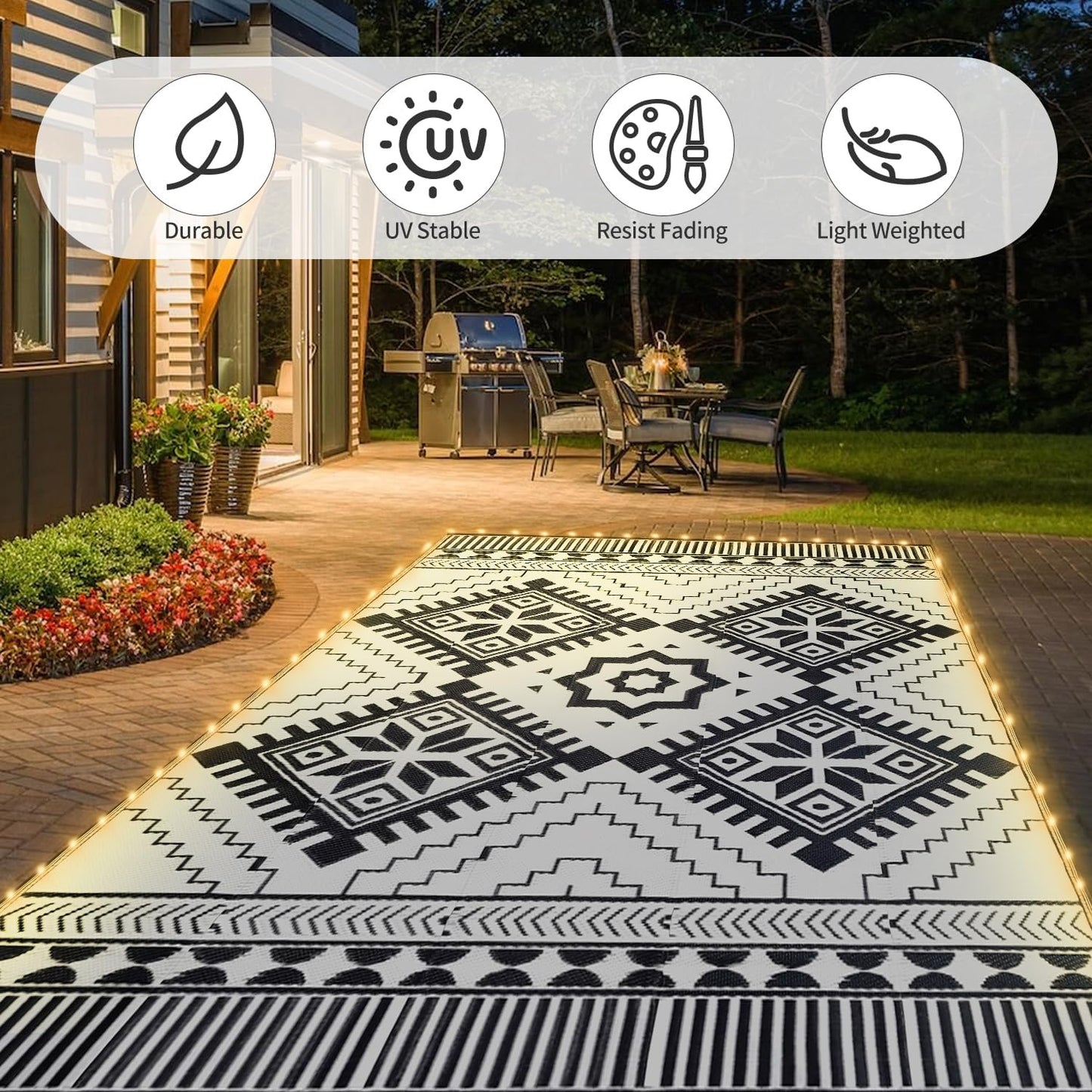 6x9ft Waterproof Outdoor Rug with LED Lights, Boho Reversible Plastic Straw Mat for Patio RV Camping Picnic Balcony Beach Deck Indoor Outdoor Carpet, Black&White