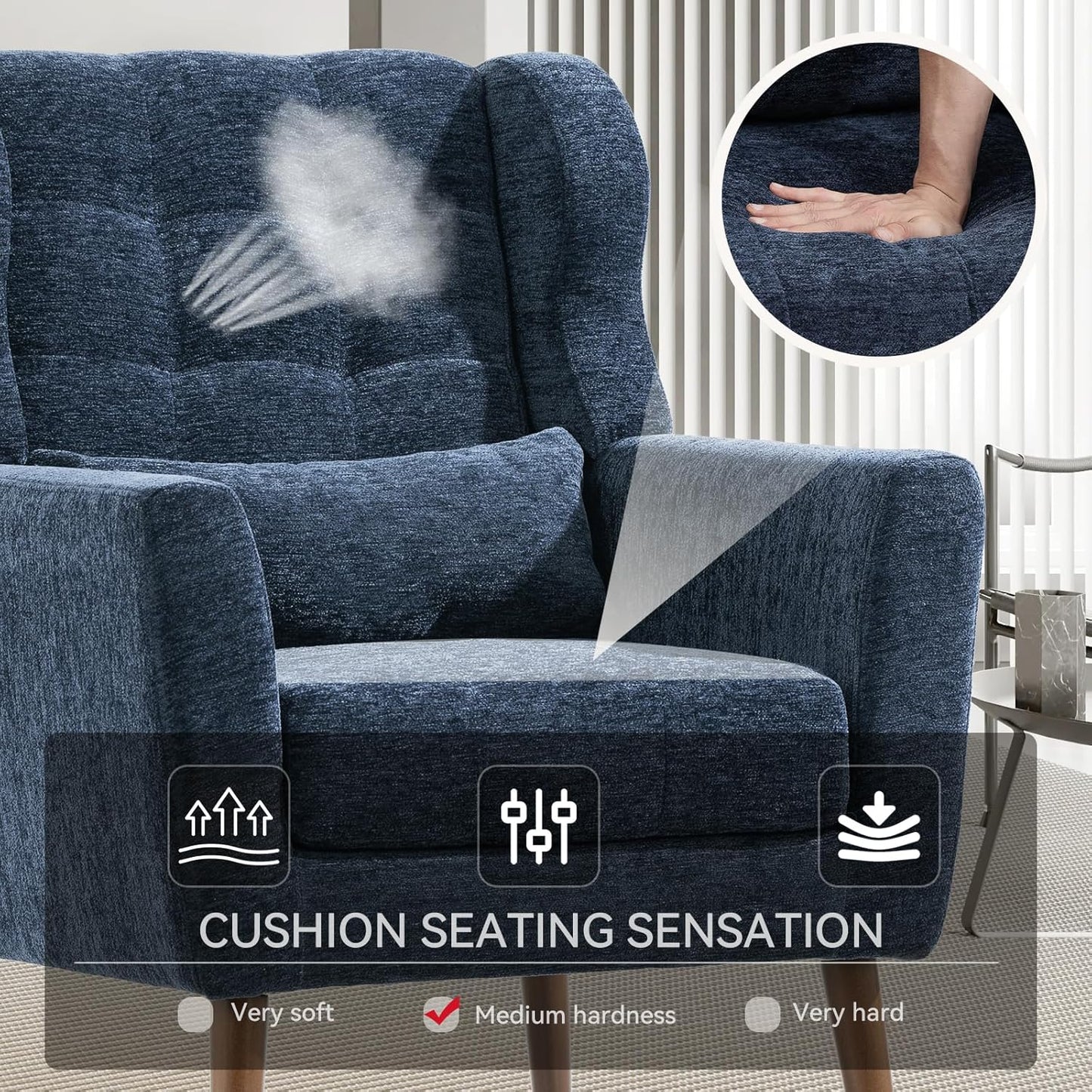 Accent Chair Set of 2, Upholstered Armchair with Pillow, Fabric Single Sofa Chair with Lounge Seat and Wood Legs Accent Chair for Living Room Small Spaces (Dark Blue, Set of 2)