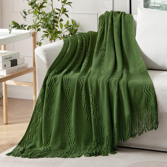 MIULEE Olive Green Knitted Throw Blanket for Couch Boho Textured Cozy Woven Blanket with Tassels for Sofa Chair Bed Living Room Spring Acrylic Wave Pattern 50"x60"