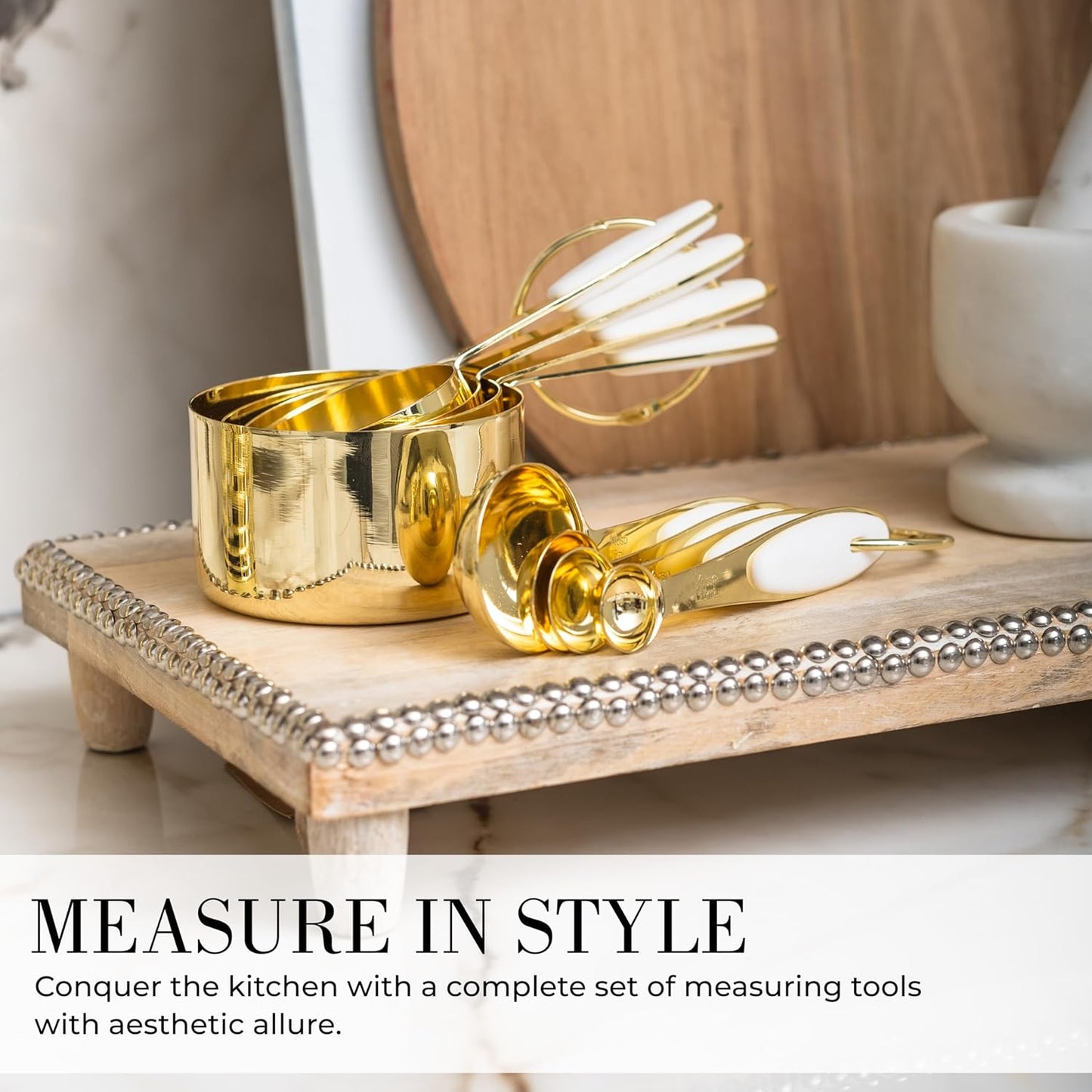 Styled Settings White and Gold Kitchen Utensils Set – 16-Piece Silicone Cooking Utensils with Measuring Cups and Spoons