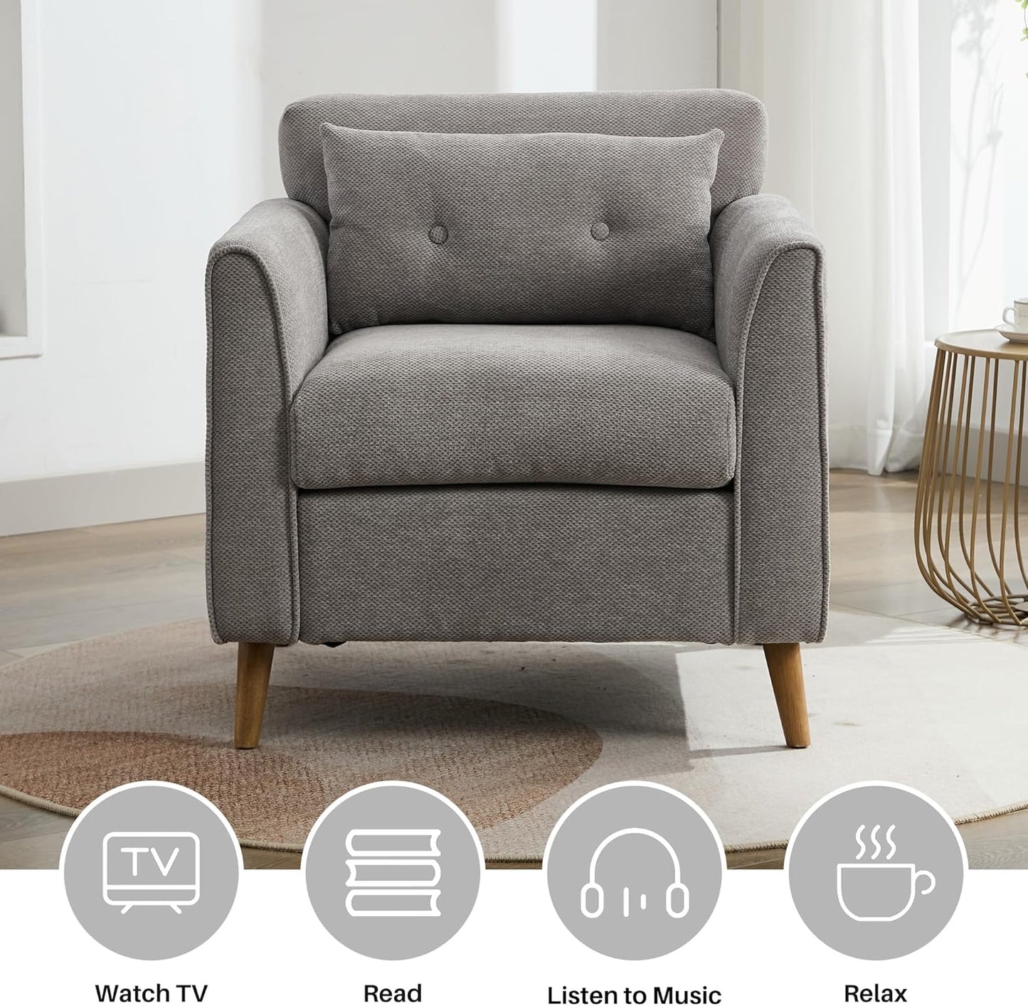 Mid Century Modern Accent Chairs, Chenille Grey Upholstered Armchair,Living Room Chairs with Wooden Legs, Side Single Sofa Chair for Bedroom, Office Cafe Waiting Room Apartment