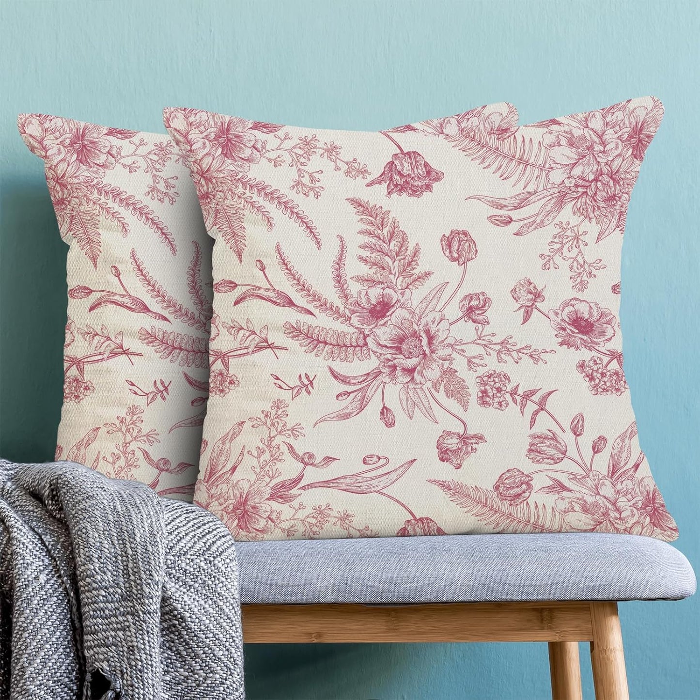 CXMEIFLY Hot Pink Spring Pillow Covers 16 x 16 Inch Set of 2 for Chinoiserie Flowers Decor Throw Pillows Floral Leaves Seasonal Plant Outdoor Decorative Cushion Cases for Couch Bed Decorations