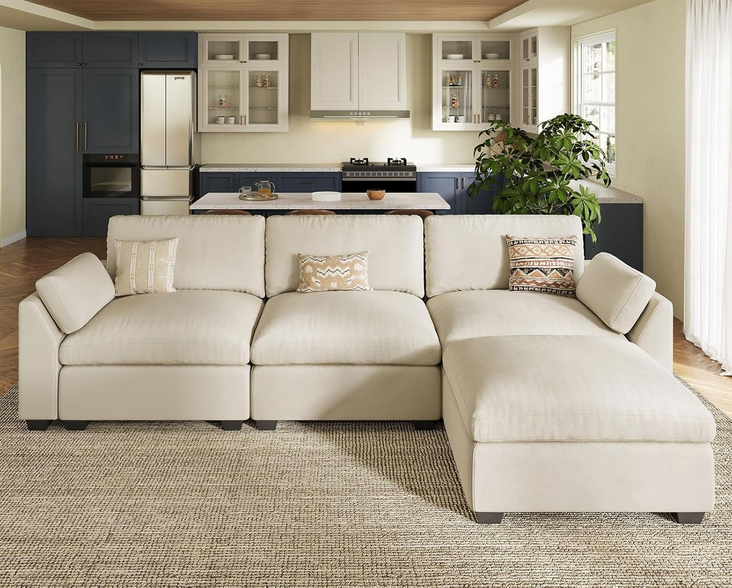 Belffin Extra Large Modular Sectional Sofa,106.3" 4-Seater L Shaped Couch,Velvet Convertible Sectional Couches for Living Room,Comfy Upholstered Modern Cloud Couch,Beige Sofa