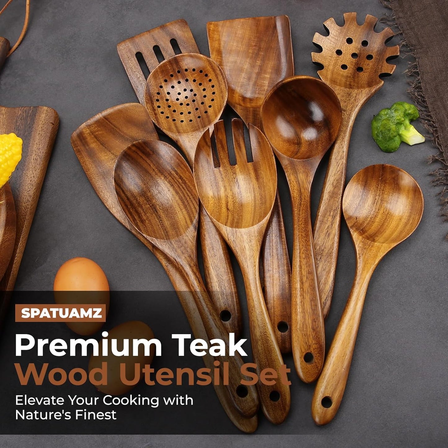 SPATUAMZ Natural Kitchen Utensils Set Wooden, Teak Wooden Spoons for Cooking, Wooden Utensils Set of 9 for Any Kitchen
