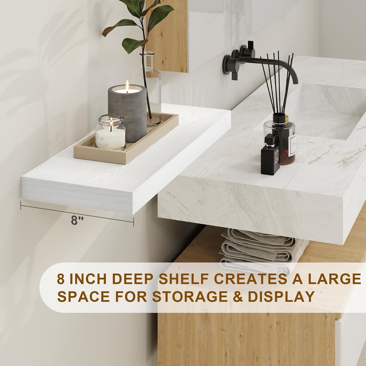 Fun Memories White Floating Shelves, 8 Inch Deep Wall Shelves Set of 2, Rustic Deep Shelves for Wall Storage, 24 x 8 Floating Shelves, 8" Deep White Shelves for Bedroom, Living Room, Kitchen