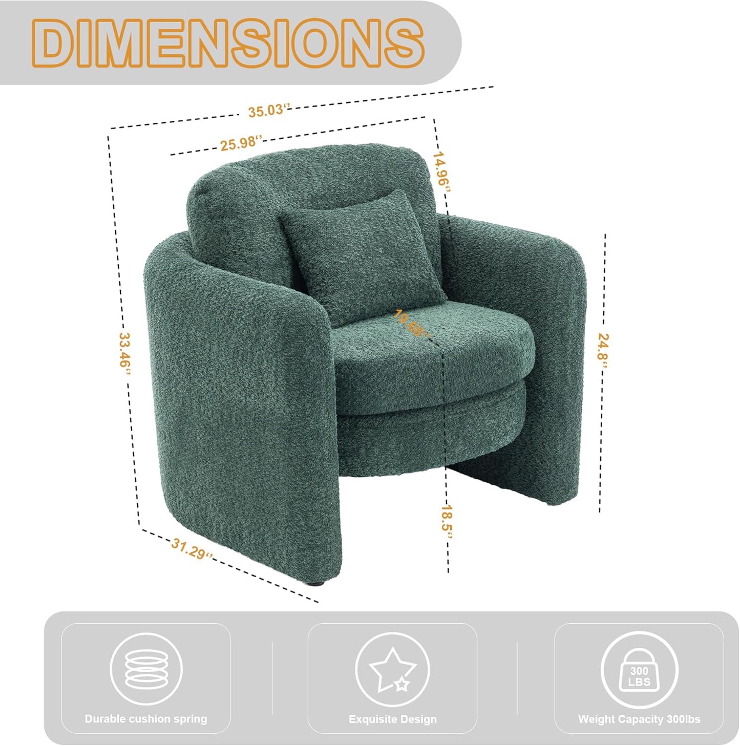 Chenille Accent Armchair Oversize Upholstered Barrel Comfy Modern Round Lounge Chair with Pillow Cozy Reading Chairs for Apartment,Office,Living Room,Dining,Makeup,Club,Green