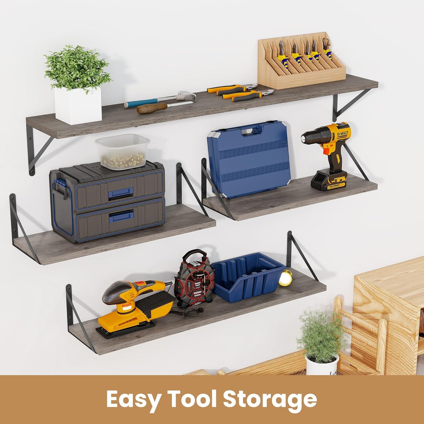 Heimlove 48 Inch Large Floating Bookshelves Set of 3,Wall Mounted Bookshelves,Heavy Duty Bracket Shelves for Living Room,Bedroom,Kitchen,Laundry Room Storage & Decor,Rustic Silver Grey