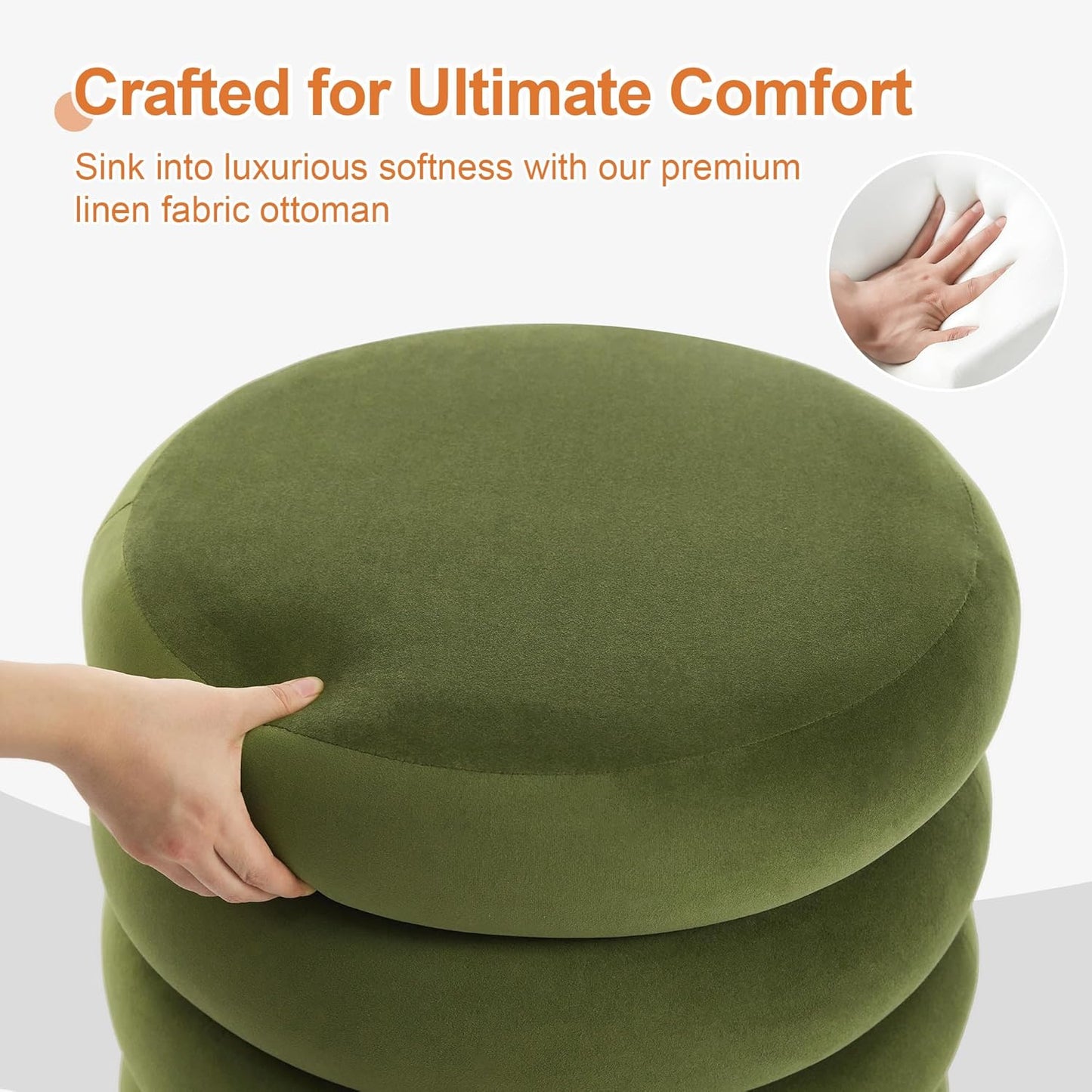 ONEVOG Round Storage Ottoman, 20" Small Ottomans Table with Removable Lid, Velvet Fabric Soft Footrest Stool for Couch, Upholstered Stuffed Circle Seat for Livingroom/Bedroom/Dorm/Vanity, Olive Green
