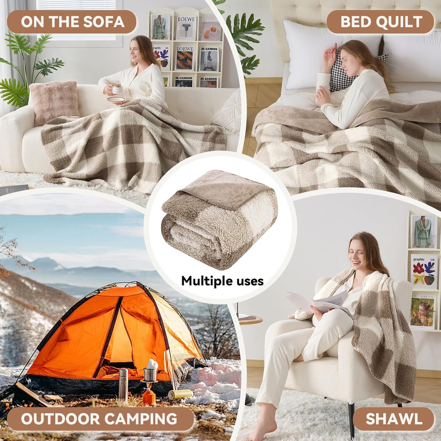 LURKA Checkered Sherpa Fleece Throw Blanket - Extra Thick and Warm Winter Soft Fuzzy Plush Blanket for Couches, Beds & Pets, Khaki, 50x60 Inches