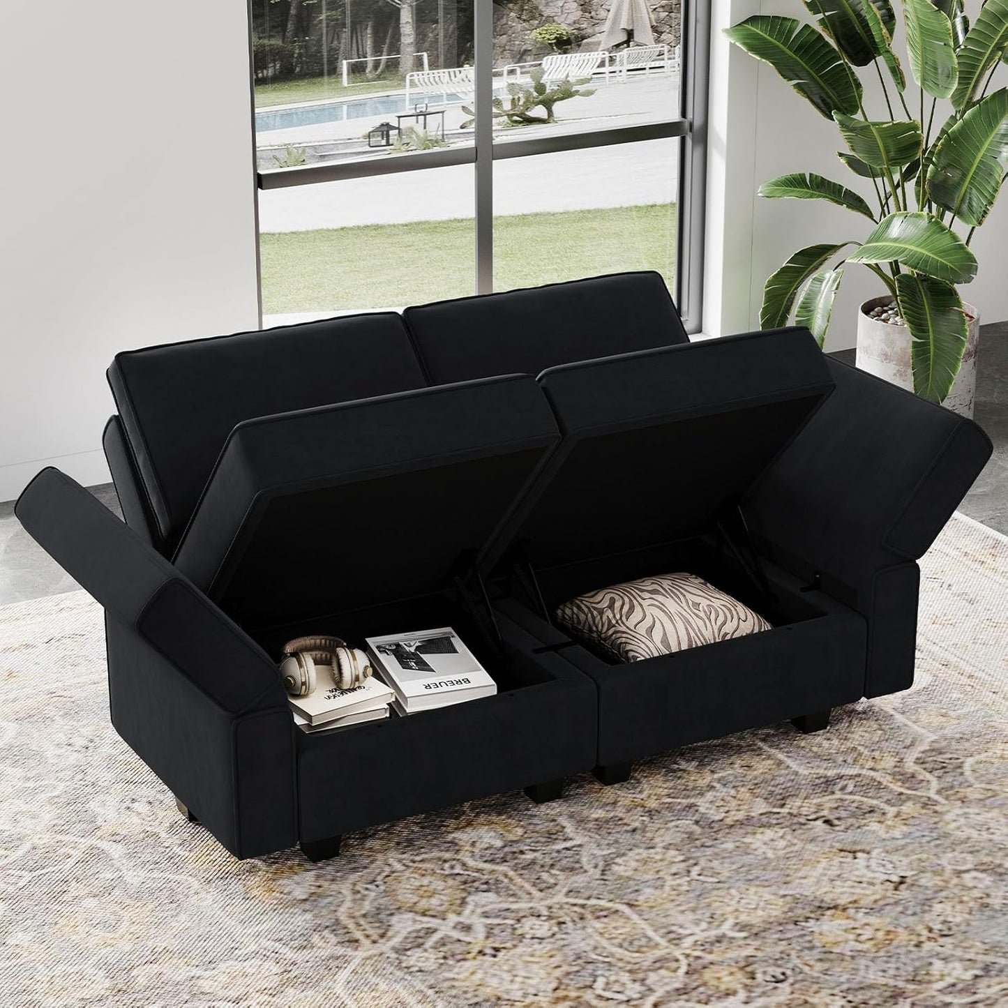 Belffin Modular Loveseat Sofa Couch with Storage Seats Velvet 2 Seater Love Seats for Small Spaces Black