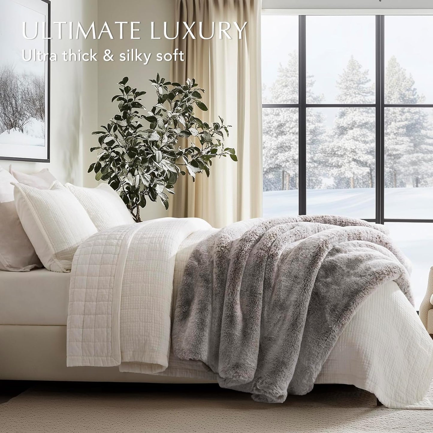 Luxury Soft Faux Chinchilla Fur Throw Blanket for Couch, Warm Thick Heavy Winter Throw Blanket 1220GSM for Bed, Fluffy Cozy Mink Blanket with Reversible Velvet, Champagne Fawn, 60"x80"