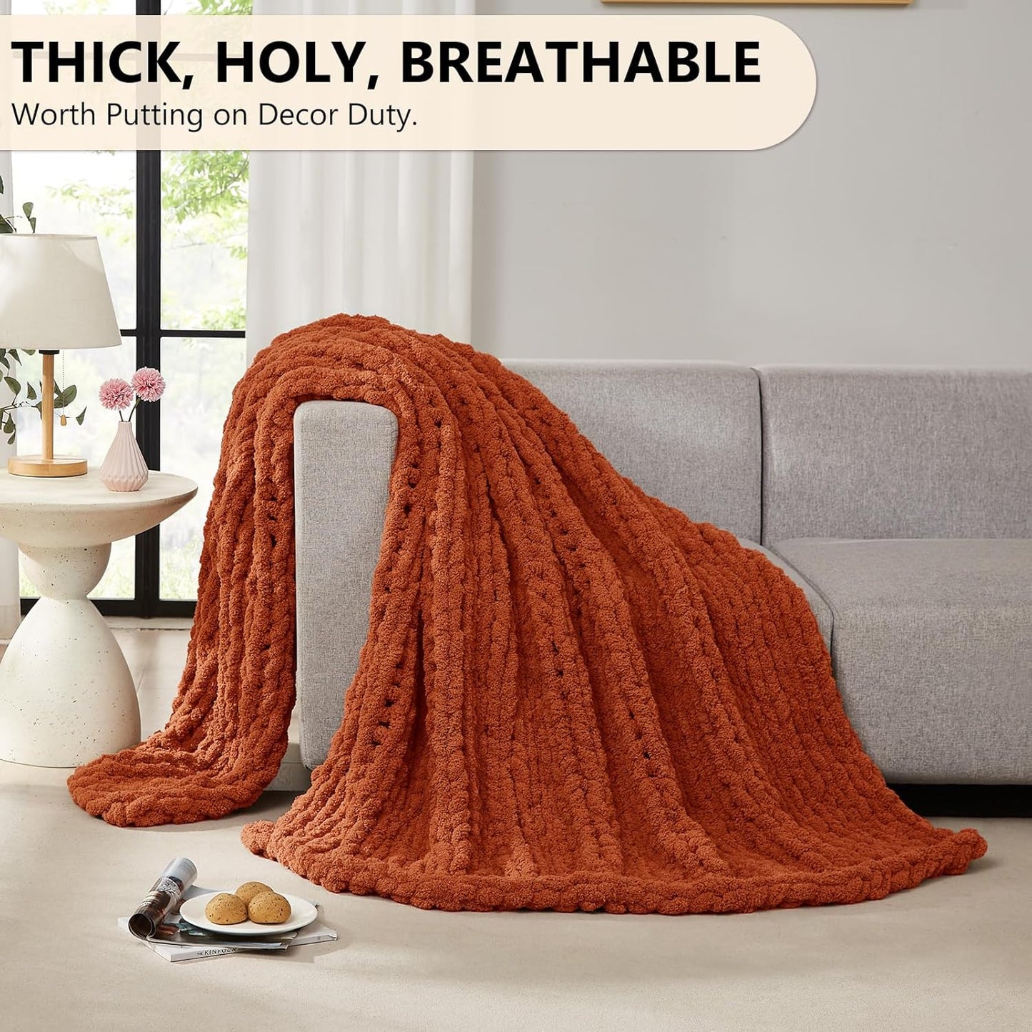 L'AGRATY Chunky Knit Blanket Throw: 80''x90'' Chenille Chunky Knitted Throw Blankets for Bed Couch - Handmade Thick Big Cable Knit Blanket - Large Crochet Rope Blankets for Home Decor(Rusty Orange)