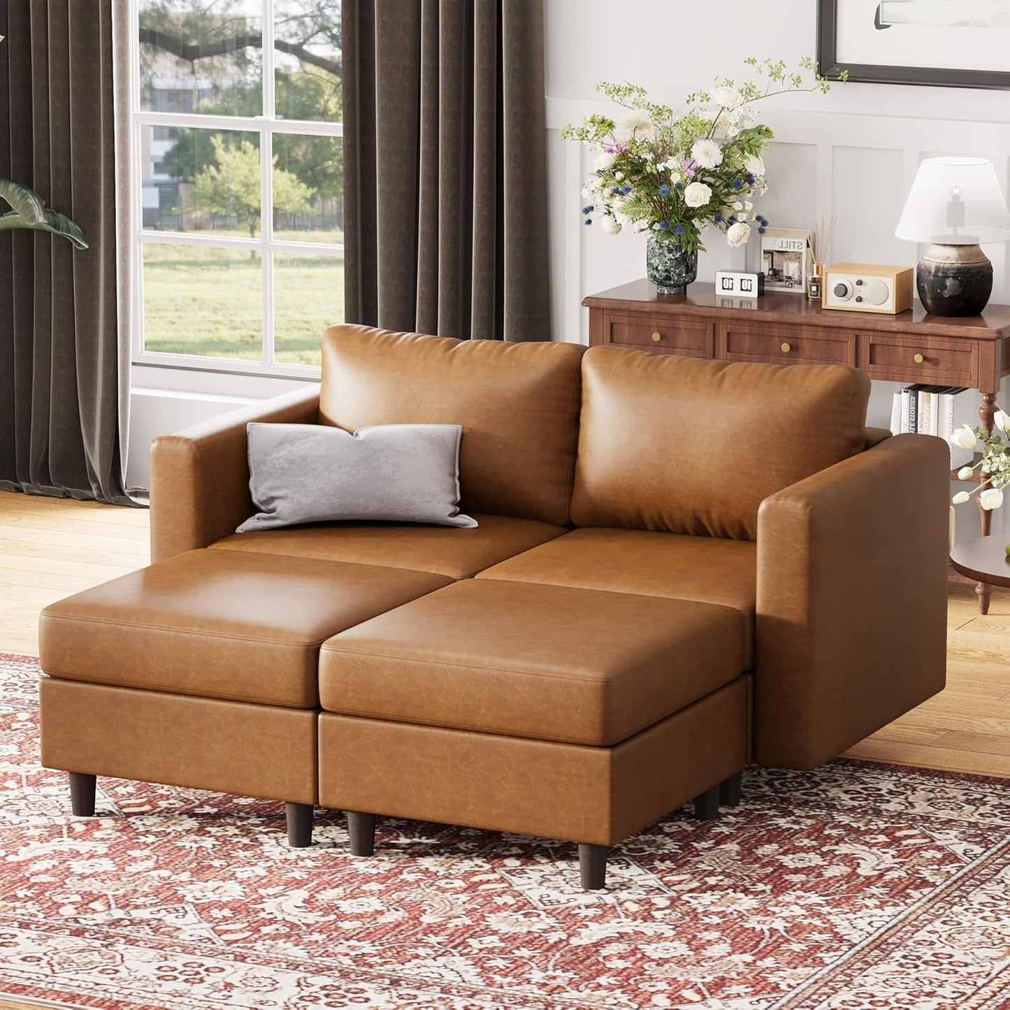 64.6" Faux Leather Loveseat Sleeper Sofa Bed with Storage Seat, Modern Modular Sectional Couch Deep Seat with Reversible Chaise 2-Seat Brown for Apartment, Living Room, Bedroom