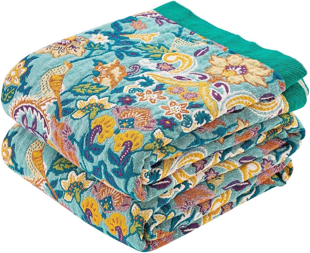 Boho Blanket Throw Quilt, 100% Cotton Soft Light Weight Throw Blankets for Summer, 60"x80" Farmhouse Flower Decorative Blankets, All Season Rustic Reversible Bohemian Throw Quilt