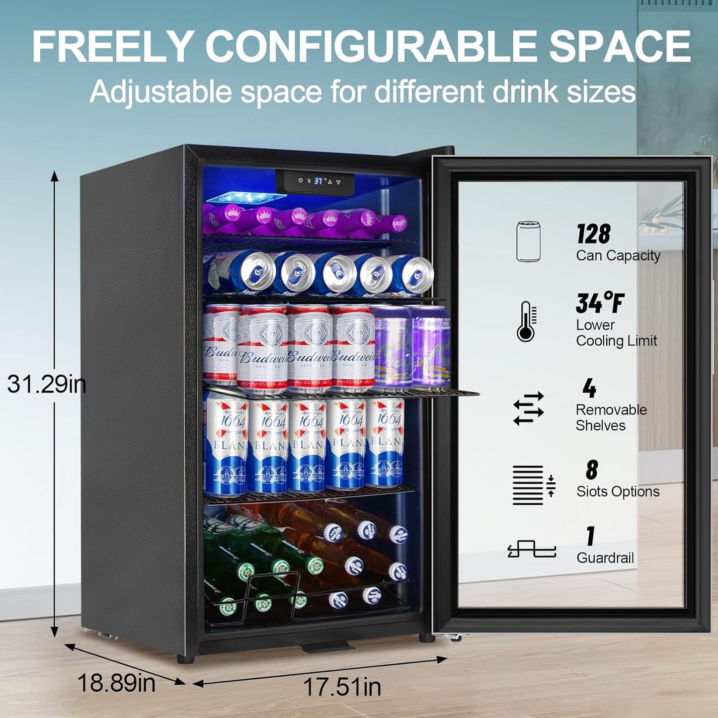 Beverage Refrigerator Cooler, 128 Cans Mini Fridge Glass Door for Drink Beer Soda Wine, 3.2 Cu.Ft Small Fridge for Kitchen Bedroom Office Bar, with 4 Adjustable Removable Shelves, Stainless Steel
