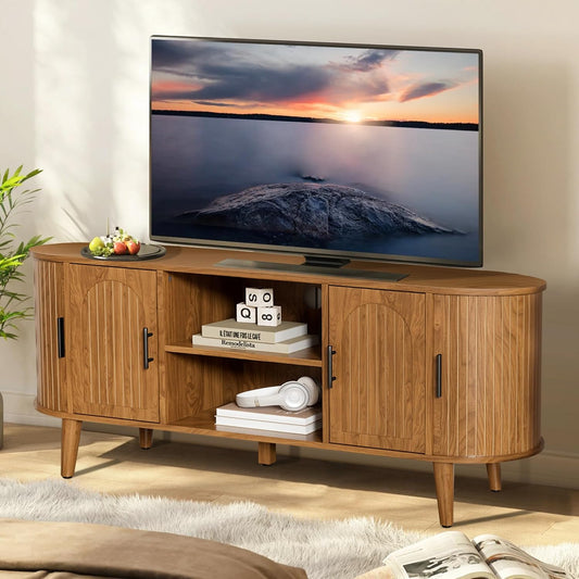 51" Fluted TV Stand, Mid-Century Modern Entertainment Center for Tvs up to 60" with Drawers and Fluted Doors, Curved TV Media Console Table with Sliding Doors for Living Room, Bedroom (51")