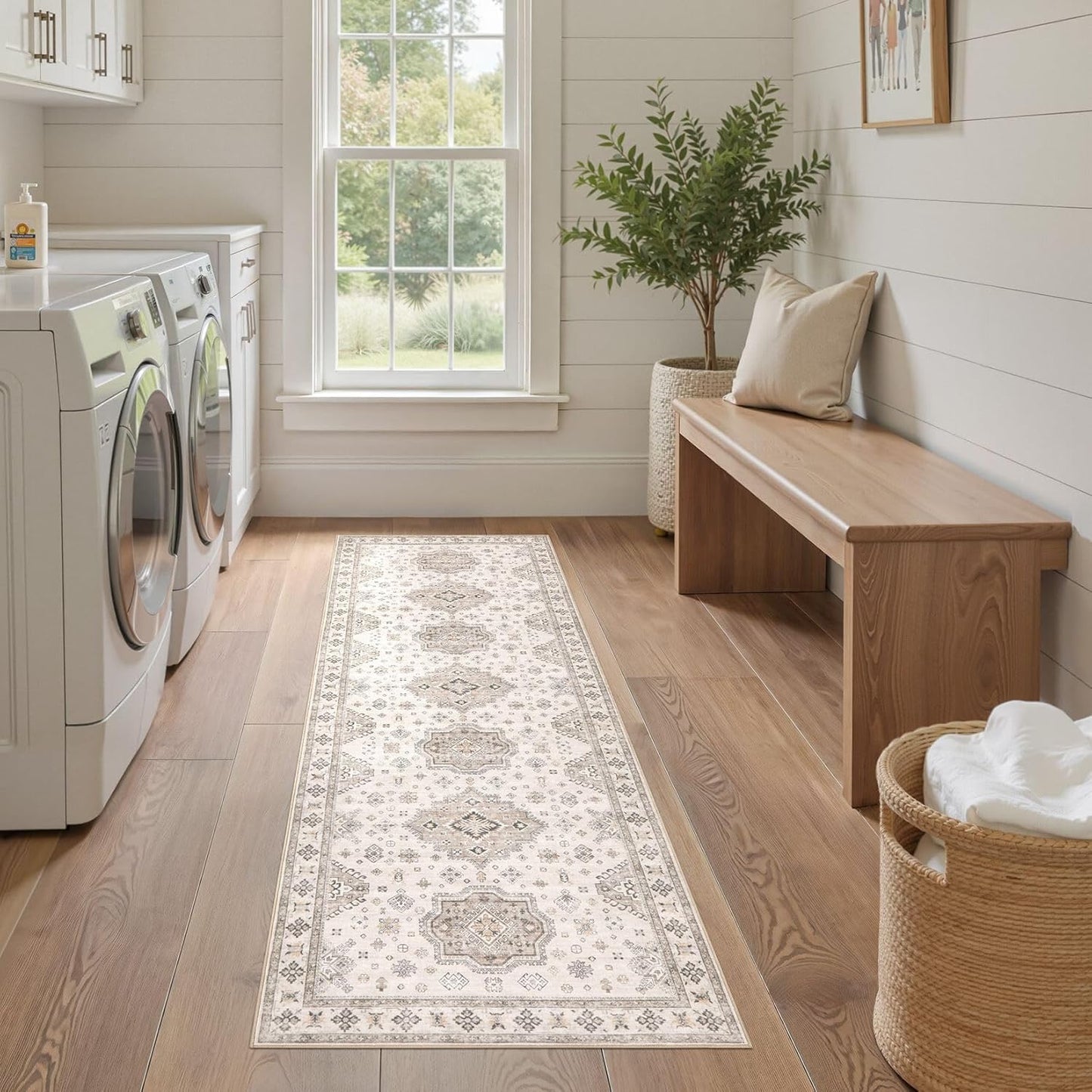 Washable 2x6 Runner Rug - Area Rugs Neutral Vintage Distressed Floral Farmhouse Boho Large Soft Floor Rug Indoor Carpet for Hallway Entryway Bedroom Kitchen - Beige Brown