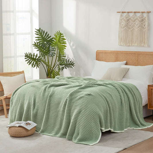 Snuggle Sac Sage Green Waffle Bedding Blankets Queen Size 90x90 inches, Reversible Microfiber Fluffy Fuzzy Soft Throw Cozy Knit Blanket for Women Mothers Birthday Gifts