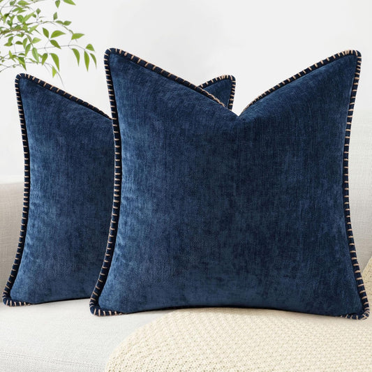 decorUhome Chenille Soft Throw Pillow Covers 22x22 Set of 2, Farmhouse Velvet Neutral Decorative Euro Pillow Covers with Stitched Edge for Couch Sofa Bed Home Decor, Poseidon