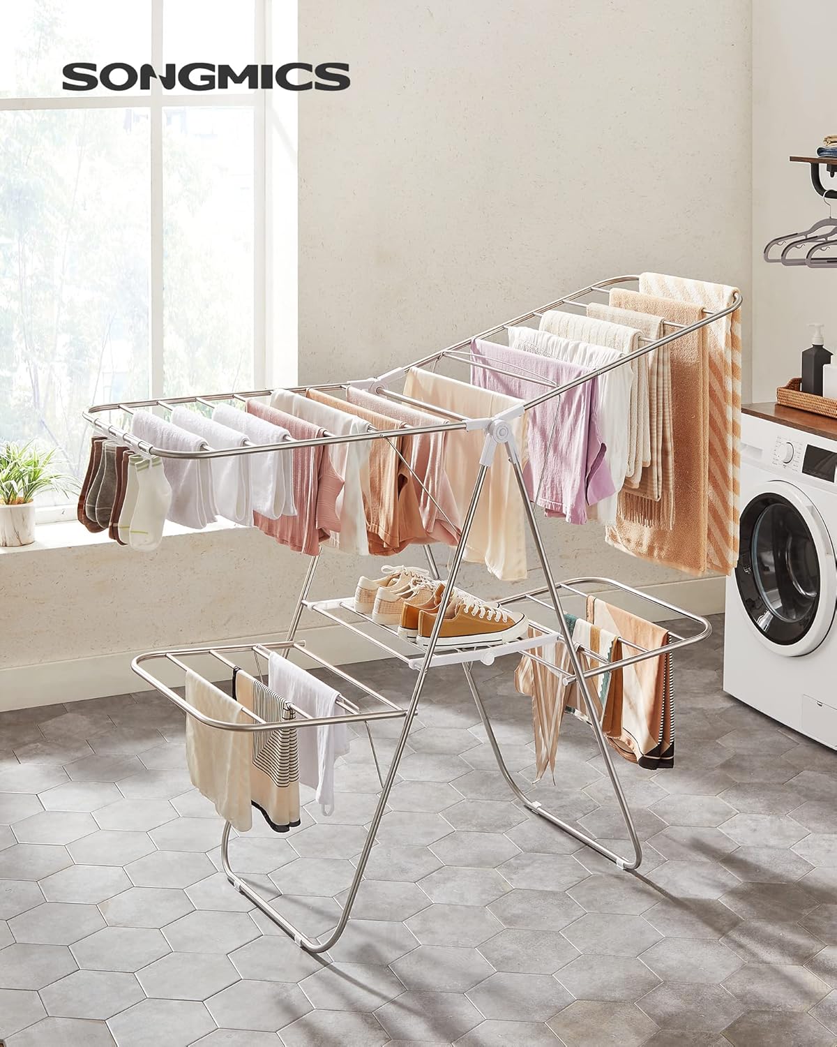 SONGMICS Clothes Drying Rack, Foldable 2-Level Laundry Drying Rack, Free-Standing Laundry Airer, with Height-Adjustable Wings, 33 Drying Rails, Sock Clips, Silver and White ULLR053W01V1