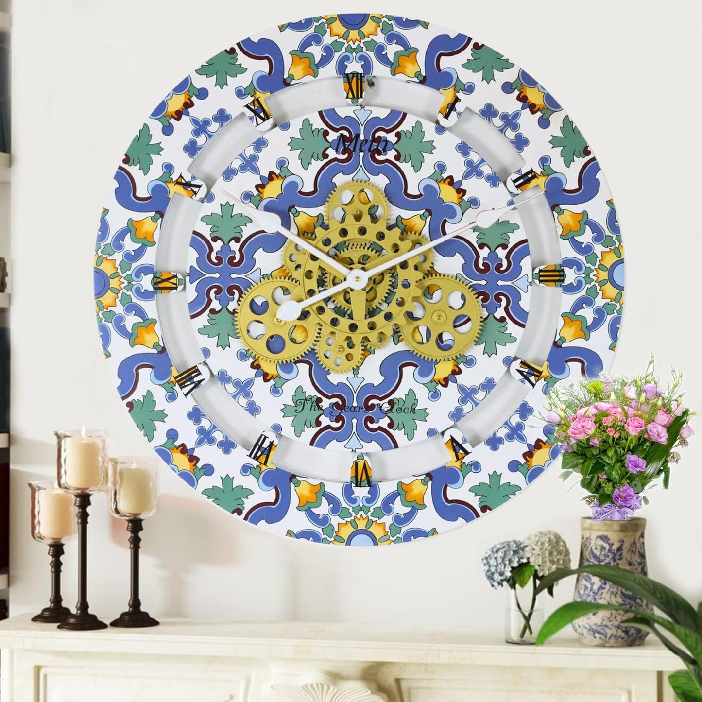 The Gears Clock Wall Clock Italy Collection with Moving Gears (Meta, 24 inch Round)