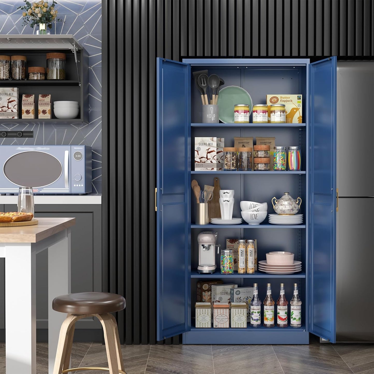 Kitchen Pantry Cabinet,71”Blue Metal Pantry Storage Cabinets with Doors and 4 Adjustable Shelves,Kitchen Cabinet with 2 Gold Handles,Tall Cabinet for Livingroom,