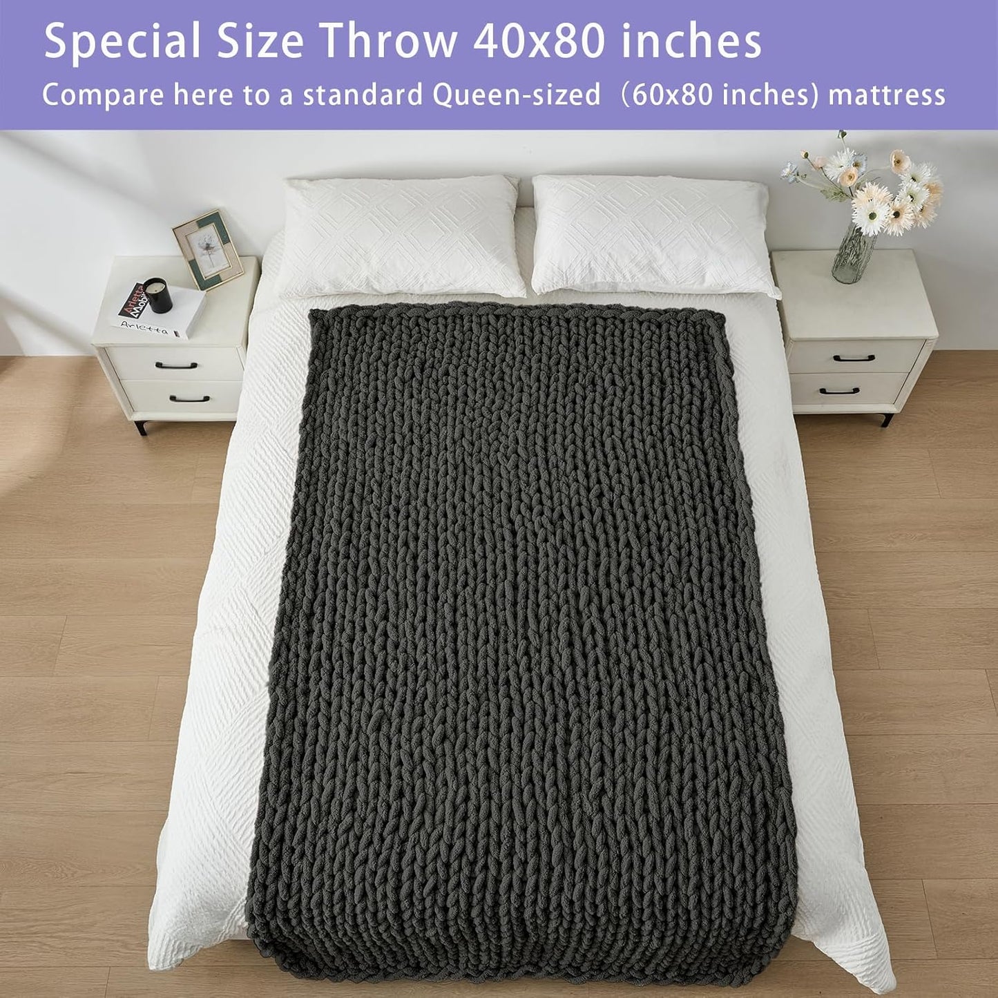 Bigacogo Chunky Knit Throw Blanket for Couch, 40x80 inches, 100% Hand Knitted with Thick Jumbo Chenille Yarn, Cozy Soft Large Rope Knot Cable Crochet Blankets for Sofa Bed Living Room, Dark Grey