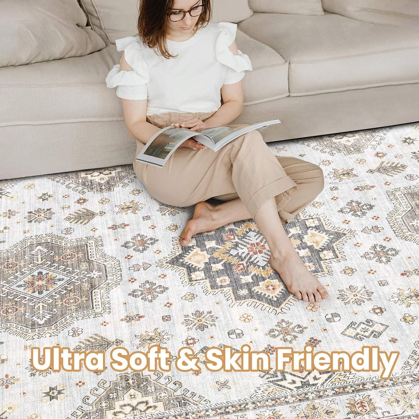 Washable Area Rugs for Living Room - 5x7 Neutral Vintage Distressed Floral Farmhouse Boho Large Soft Floor Rug Indoor Non Slip Carpet for Living Room Bedroom Dining Room Office - Blue Brown