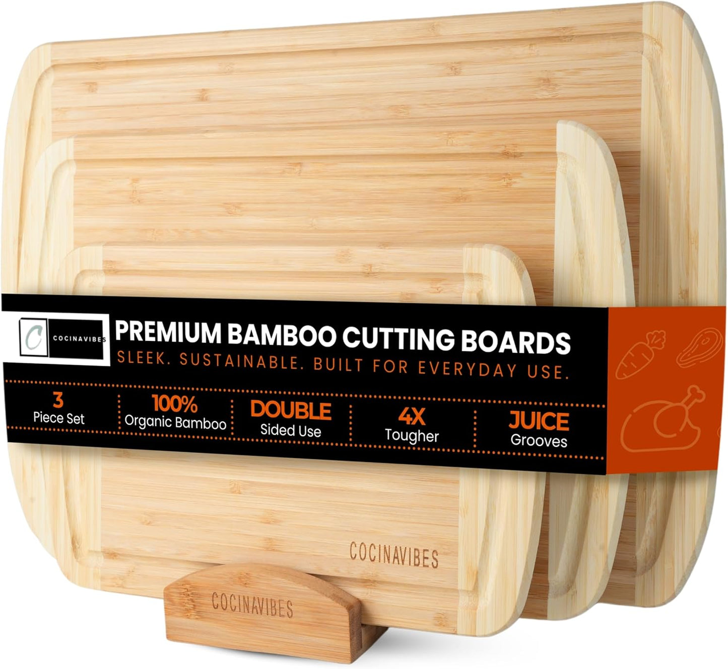 Bamboo Cutting Board Set – Charcuterie & Chopping Boards for Kitchen, Large & Small Sizes, Safe Cutting Boards for Meat, Cheese, Pizza – Home & Kitchen Gift Idea