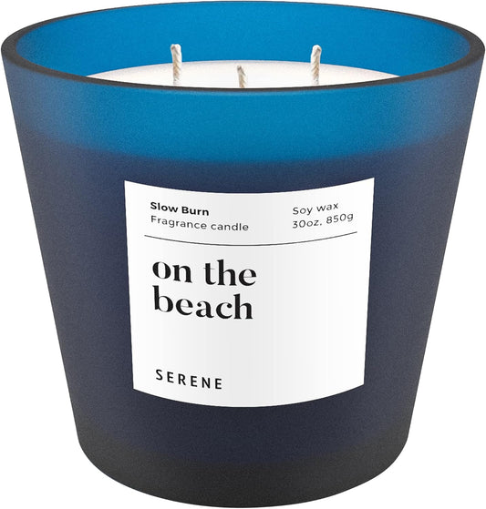 Hidden Label Large Scented Candle, On The Beach, 30oz 3 Wick Huge Candle, Serene Collection Slow Burn Natural Soy Candles for Home Scented