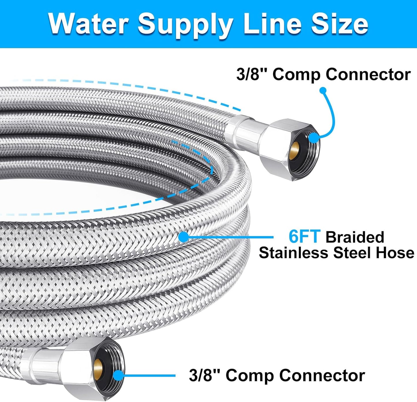 Dishwasher Installation Kit - 6 FT Premium Stainless Steel Braided Dishwasher Hose kit,Food Grade PEX Inner Tube Dishwasher Water Supply Line with 3/8"x3/8"MIP Elbow,3/8"x 3/4" FHT Elbow