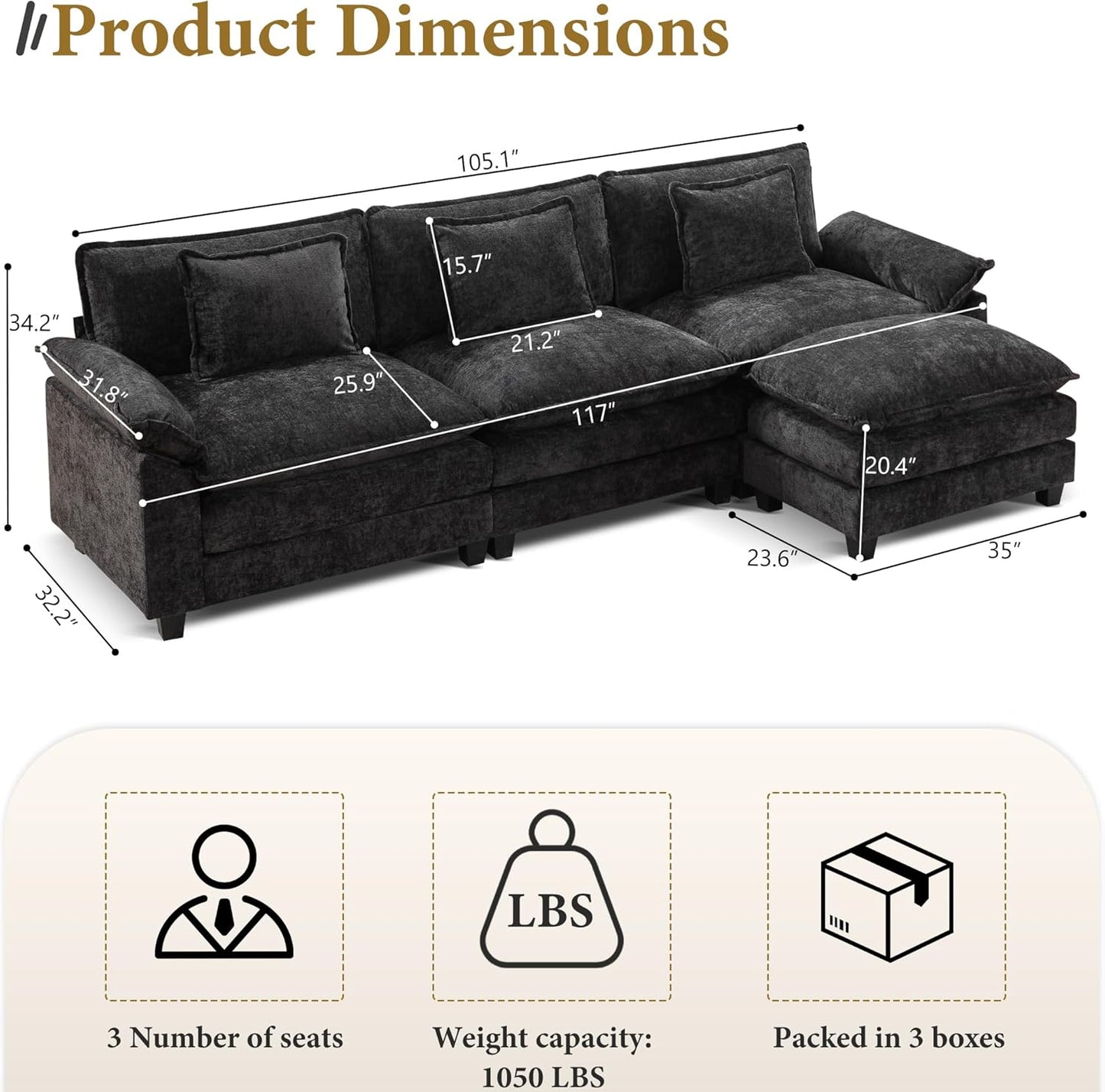 URRED Modular Sectional Sofa Comfy Cloud Couch, Modern Chenille Sofa Sleeper Deep Seat Couches with Ottoman/Pillows for Living Room (Black, 117''- L Shape)