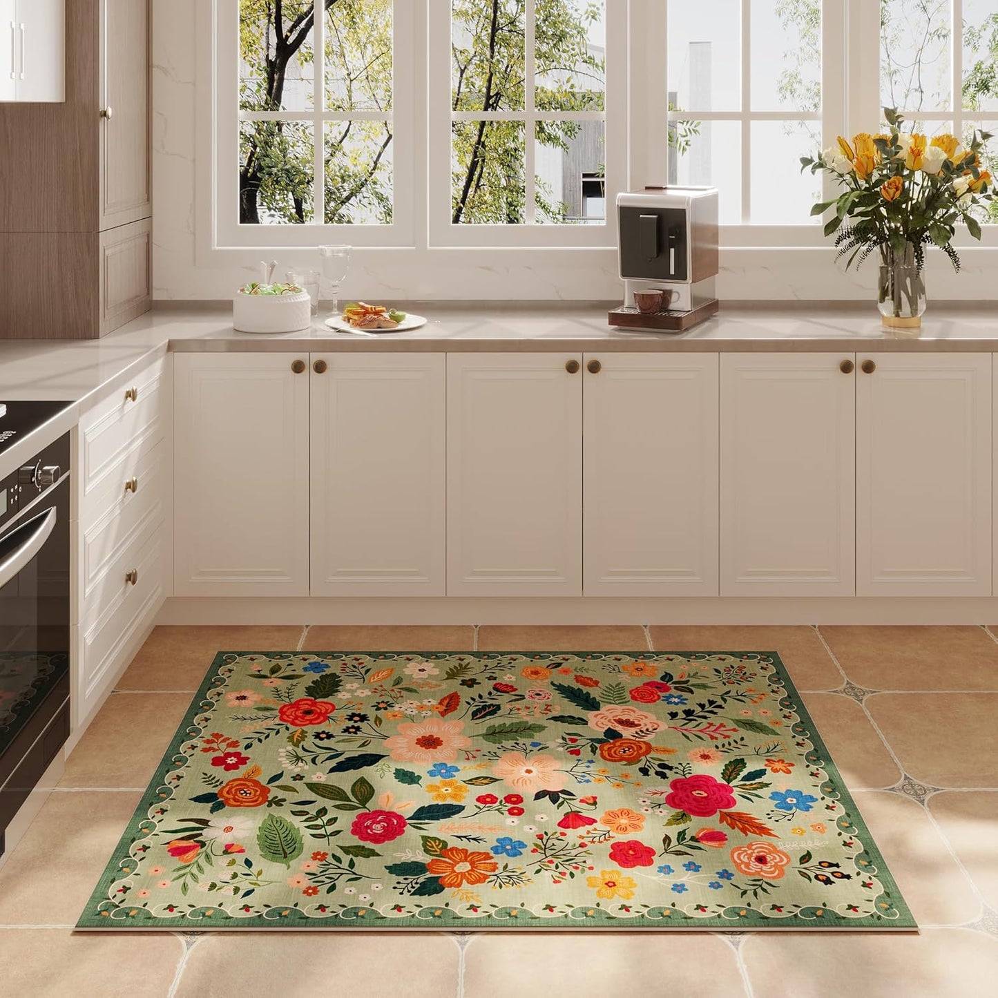 Door Mat Indoor Entrance 2x3 Rug Machine Washable Boho Floral Small Area Rug Non-Slip Low Pile Throw Rugs for Entryway, Kitchen, Front Door Indoor Entrance, Entry, Kids Room (Green)