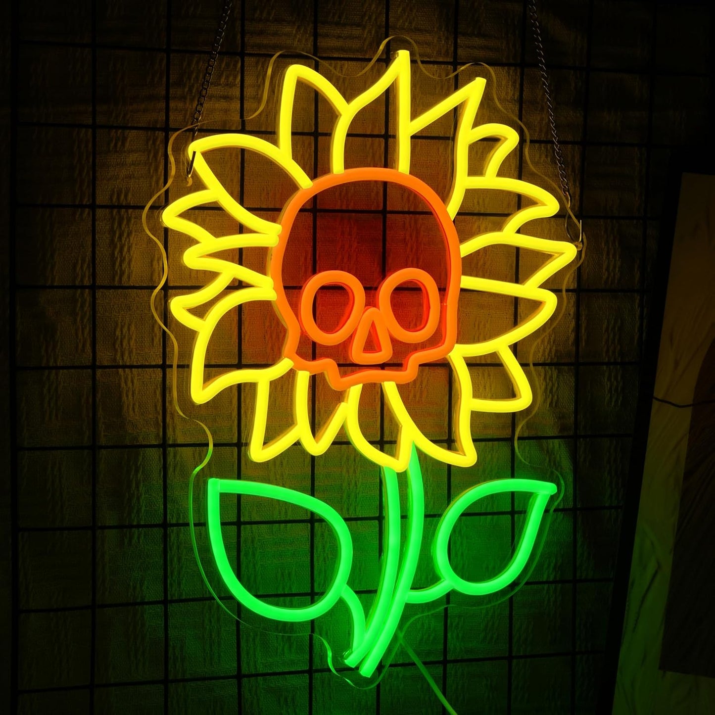 Sunflower Skull Neon Sign Wall Decor USB Powered Skeleton Head Halloween Neon Light Sign Dimmable Funny Halloween Day LED Sign for Trick or Treat Party Backdrop Bedroom Bar Man Cave